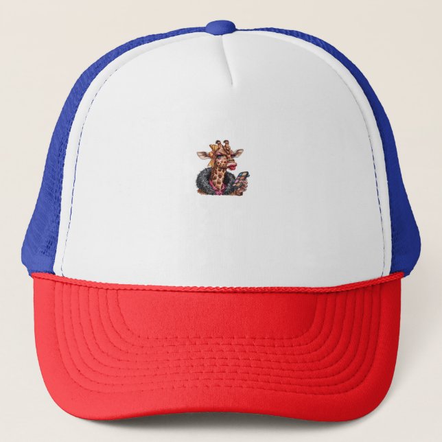 Adorable Lady Giraffe Applying Makeup With Big Eye Trucker Hat (Front)