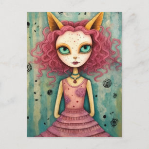 Adorable Lady With Cat Ears Mixed Media Collage Postcard