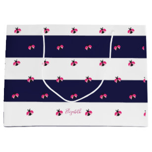 Adorable Ladybird Navy Blue Stripes Large Gift Bag
