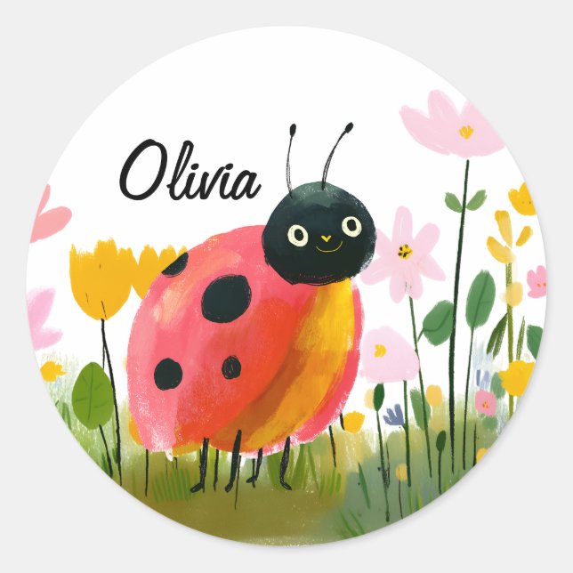 Adorable Ladybug Girl's Name Wildflowers Classic Round Sticker (Front)