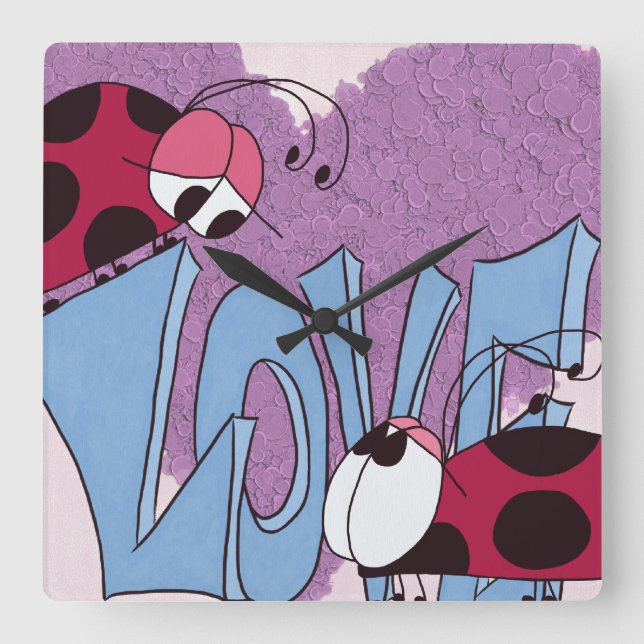 Adorable Ladybug Love Cartoon Square Wall Clock (Front)