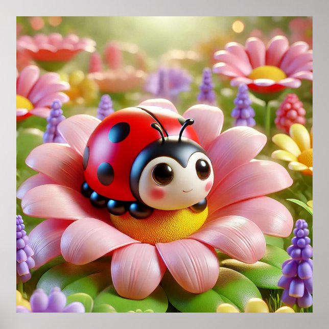 Adorable Ladybug Sitting on Pink Flower Poster (Front)