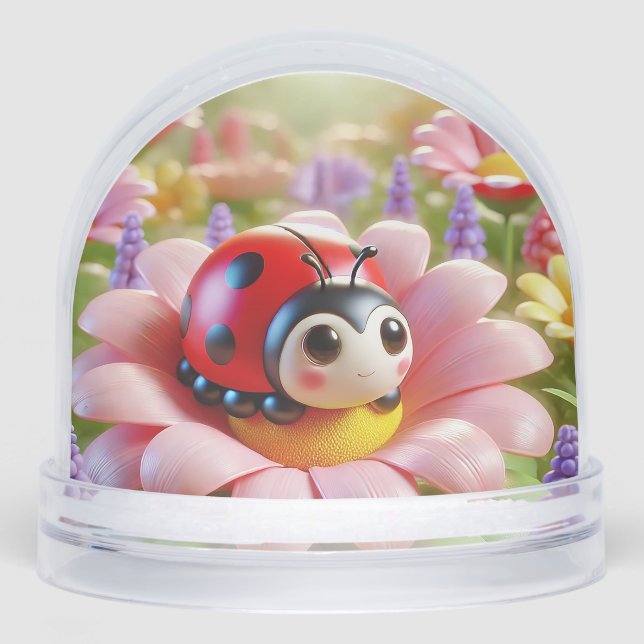 Adorable Ladybug Sitting on Pink Flower Snowglobe (Front)