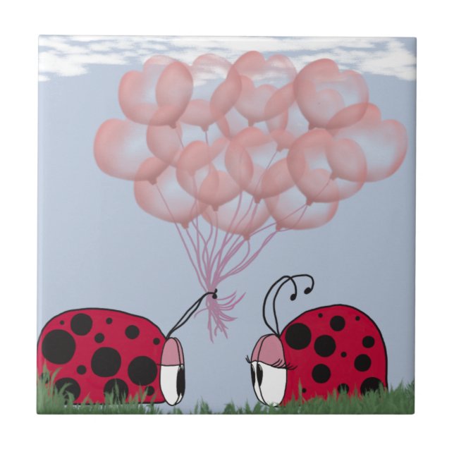 Adorable Ladybug With Pretty Pink Balloon Bouquet Ceramic Tile (Front)
