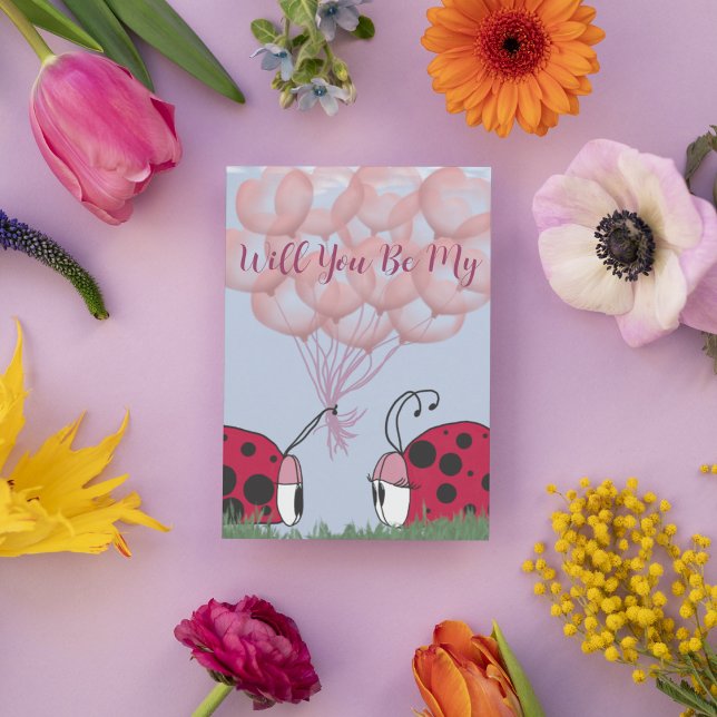 Adorable Ladybug With Pretty Pink Balloon Bouquet Holiday Card (Creator Uploaded)