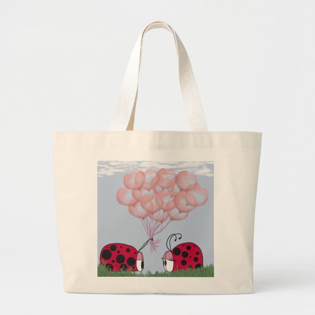 Adorable Ladybug With Pretty Pink Balloon Bouquet Large Tote Bag (Front)