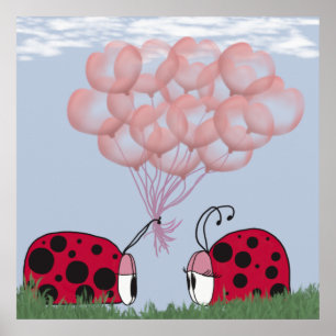 Adorable Ladybug With Pretty Pink Balloon Bouquet Poster