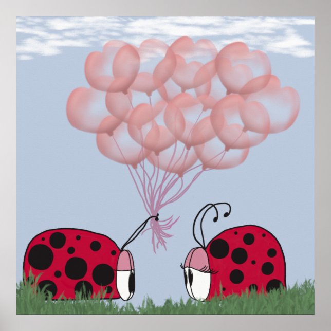 Adorable Ladybug With Pretty Pink Balloon Bouquet Poster (Front)