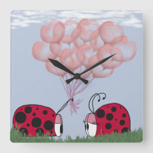 Adorable Ladybug With Pretty Pink Balloon Bouquet Square Wall Clock