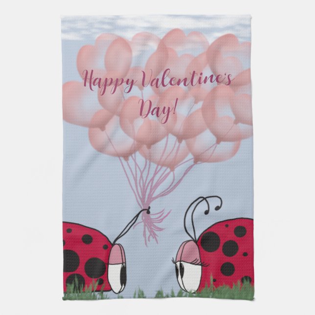 Adorable Ladybug With Pretty Pink Balloon Bouquet Tea Towel (Vertical)