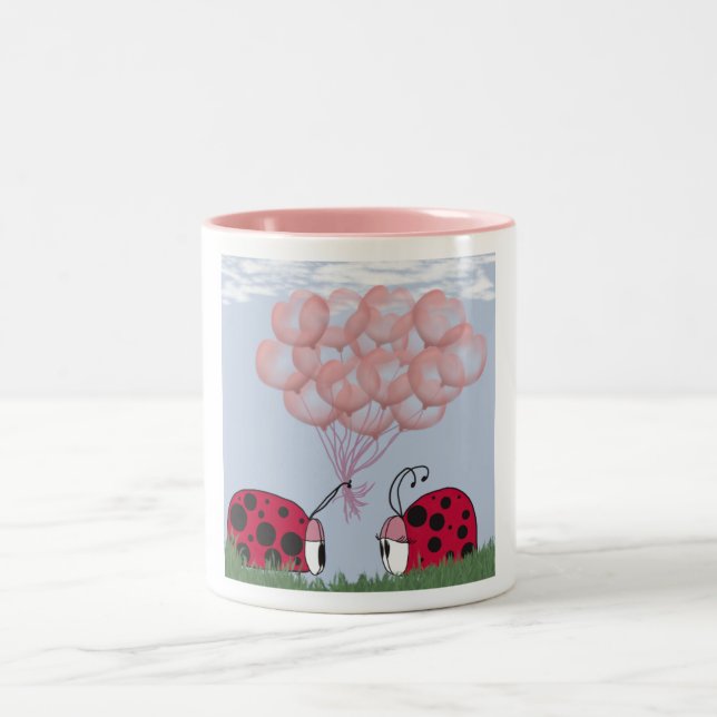 Adorable Ladybug With Pretty Pink Balloon Bouquet Two-Tone Coffee Mug (Center)