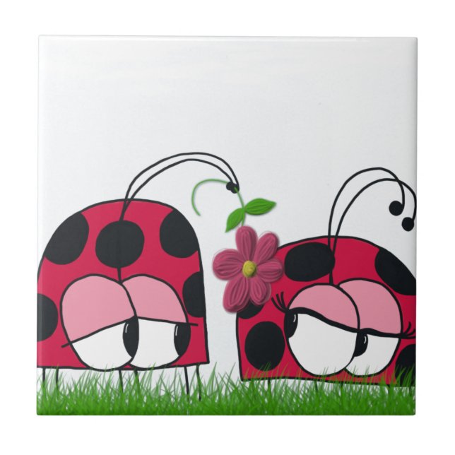 Adorable Ladybug Wooing His New Love Cartoon Ceramic Tile (Front)