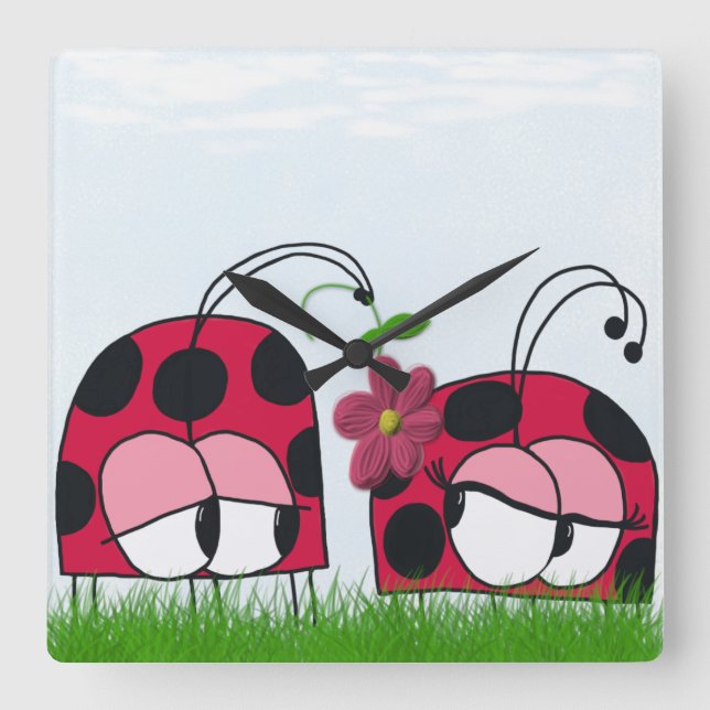 Adorable Ladybug Wooing His New Love Cartoon Square Wall Clock (Front)