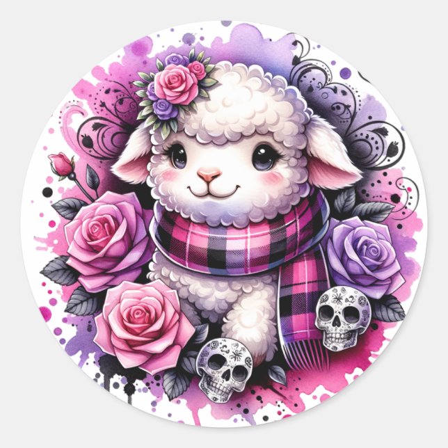 Adorable Lamb Sticker with Skulls and Roses (Front)