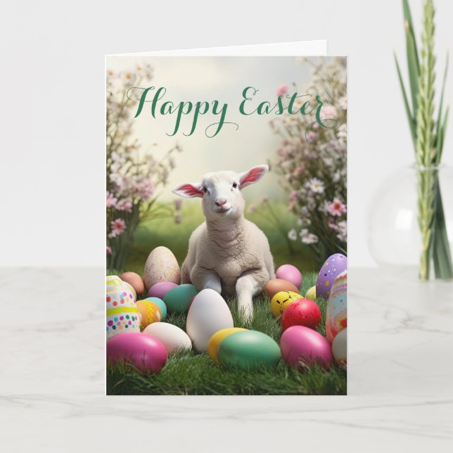 Adorable Lamb with Lots of Easter Eggs Holiday Card (Front)