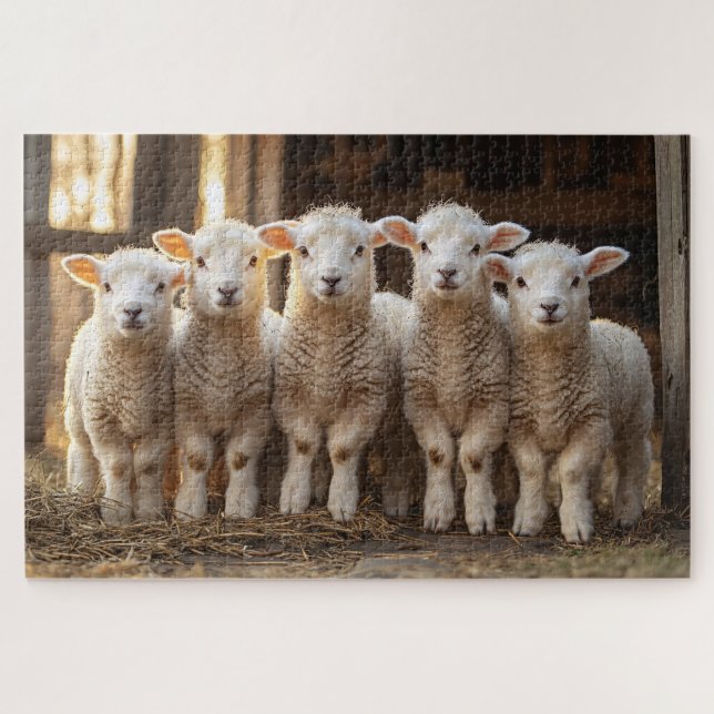 Adorable Lambs in a Row Rustic Farm Jigsaw Puzzle (Horizontal)