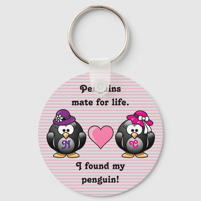 Adorable Lesbian Penguins Two Brides Heart Hats Key Ring (Front)
