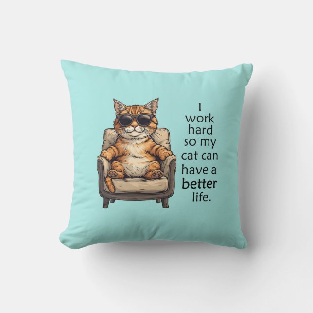 Adorable Light Blue Cat Boss Throw Pillow (Front)