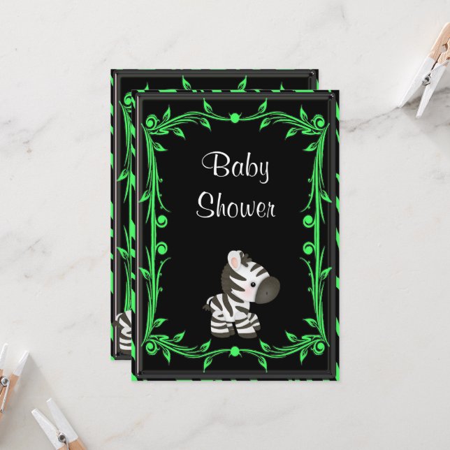 Adorable Lime Green Zebra Baby Shower Invitation (Front/Back In Situ)