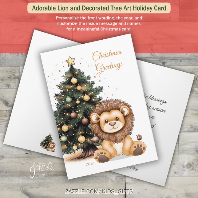 Adorable Lion and Decorated Tree Art Holiday Card (Sweet baby lion with a glowing Christmas tree for a warm and charming holiday greeting)