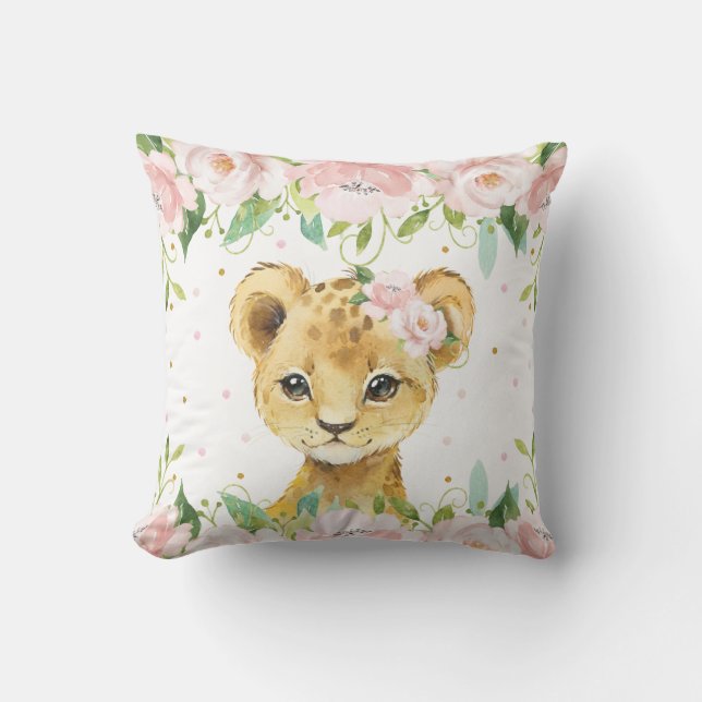 Adorable Lion Blush Pink Floral Children Room Cushion (Front)