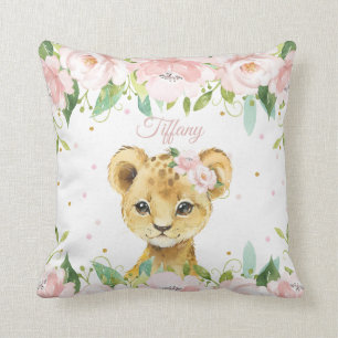 Adorable Lion Blush Pink Floral Children Room Cushion