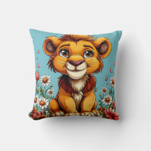 Adorable Lion Cub Surrounded by Colourful Flowers Cushion