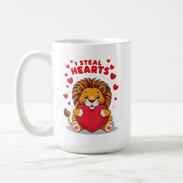 "Adorable Lion 'I Steal Hearts' Valentine's Gift Coffee Mug (Left)