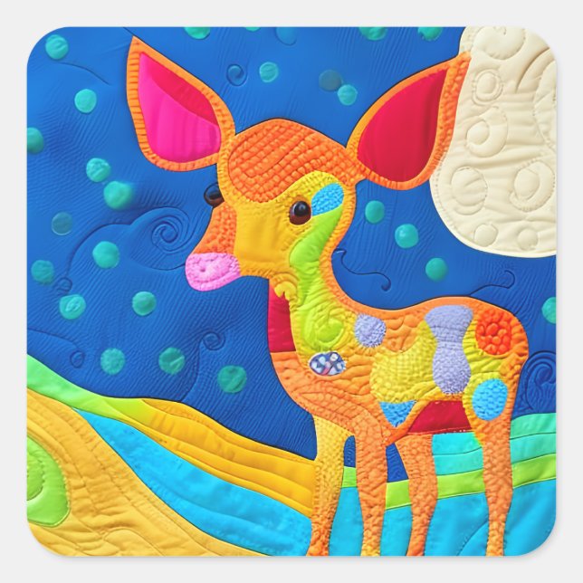 Adorable Little Baby Deer - Quilt-Like Design Square Sticker (Front)