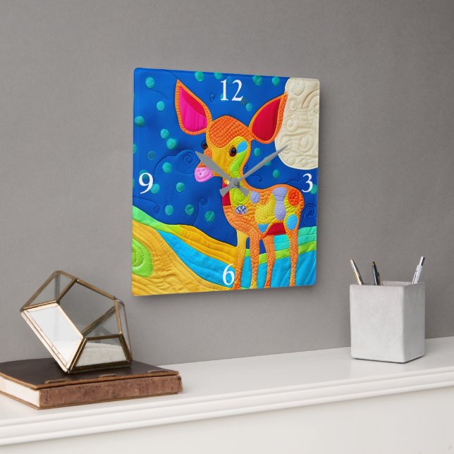 Adorable Little Baby Deer - Quilt-Like Design Square Wall Clock (Office)