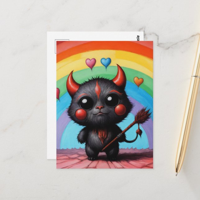 Adorable Little Devil Critter AI Art Postcard (Front/Back In Situ)