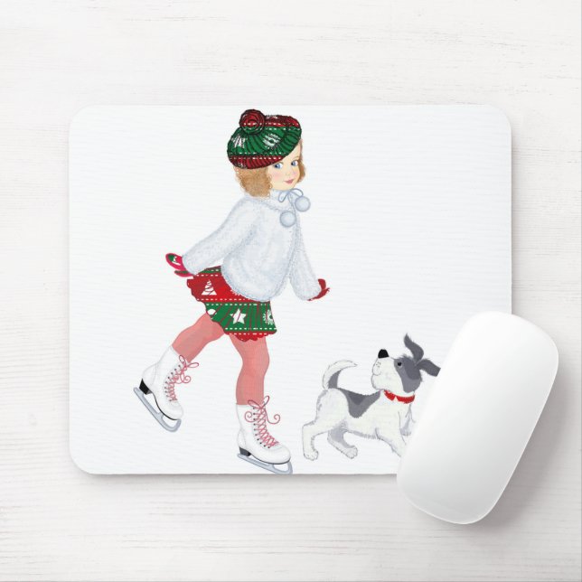 Adorable little girl skating on ice and Dog Mouse Pad (With Mouse)