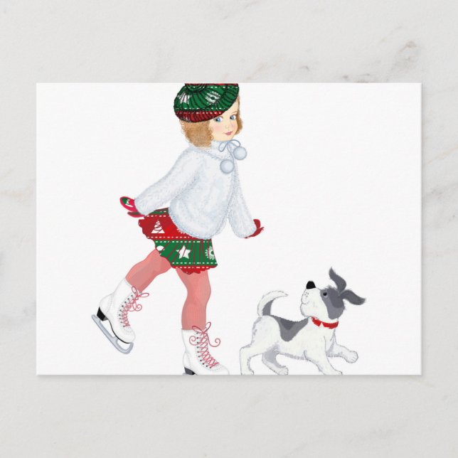 Adorable little girl skating on ice and Dog Postcard (Front)