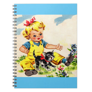 adorable little girl with adorable little kitten notebook