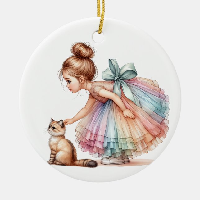 ADORABLE LITTLE GIRL WITH HER KITTEN CERAMIC ORNAMENT (Front)