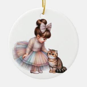 ADORABLE LITTLE GIRL WITH HER KITTEN CERAMIC ORNAMENT