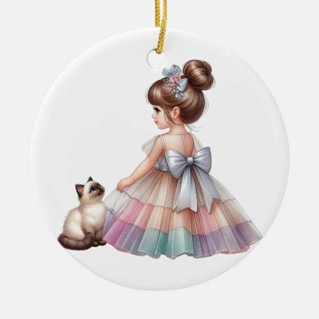 ADORABLE LITTLE GIRL WITH HER KITTEN CERAMIC ORNAMENT (Front)