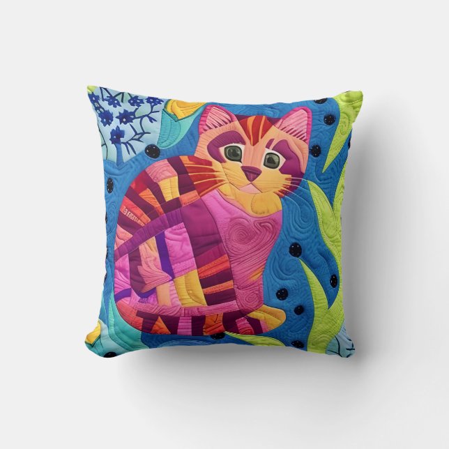 Adorable Little Kitten Quilt Like Design Cushion (Front)