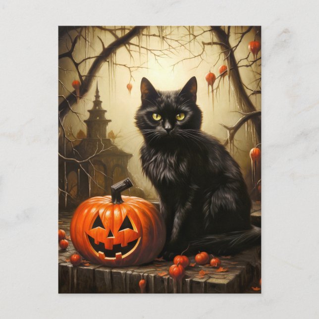 Adorable Little Kitty Cat Witch | Happy Halloween Postcard (Front)