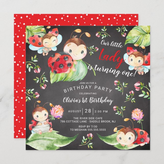 Adorable Little Lady Ladybug 1st Birthday Invitati Invitation (Front/Back)
