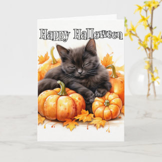 Adorable Little Napping Black Cat | Halloween Card