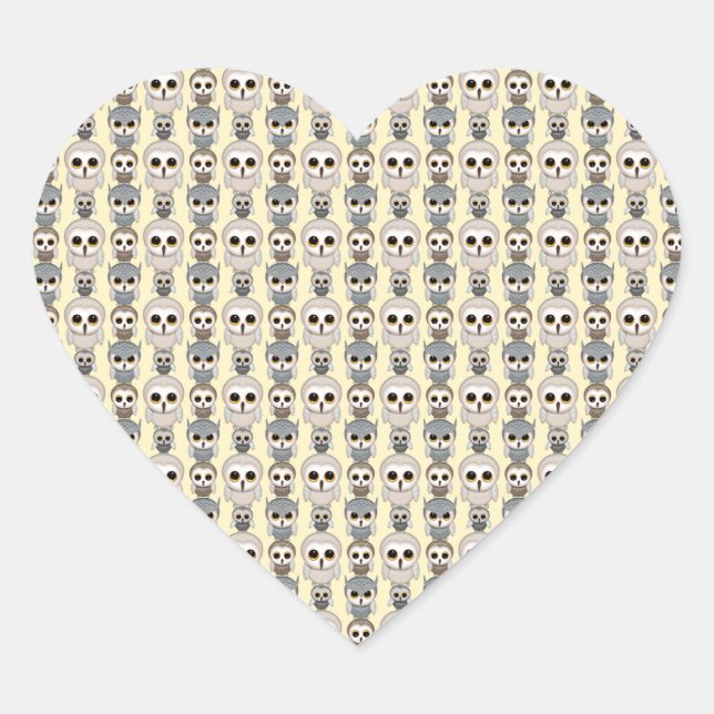 Adorable Little Owls Pattern on Light Yellow Heart Sticker (Front)