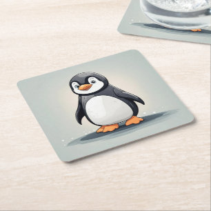 Adorable little penguin square paper coaster