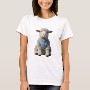 Adorable Little Sheep Wearing Blue Knit Vest T-Shirt