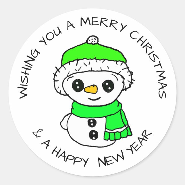 Adorable Little Snowman Hand Drawn Christmas Classic Round Sticker (Front)
