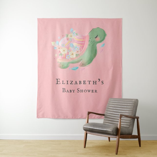 Adorable Little Turtle Pink Baby Girl Shower  Tapestry (In Situ)