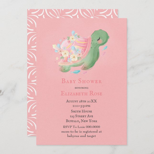 Adorable Little Turtle Pink Baby Shower Invitation (Front/Back)