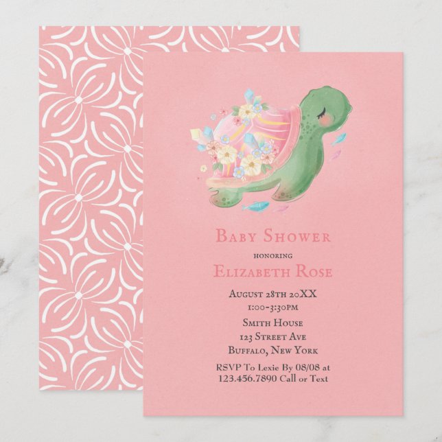 Adorable Little Turtle Pink Baby Shower Invitation (Front/Back)