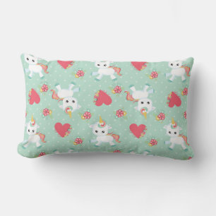 Adorable little unicorn polka dot pattern teal lumbar cushion