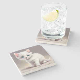 Adorable little white kitten stone coaster